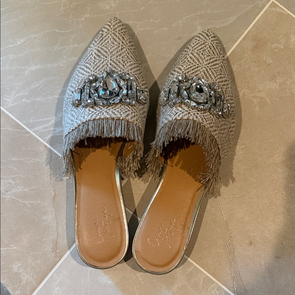 Crown Vintage Gray Jeweled Fringe Mules
